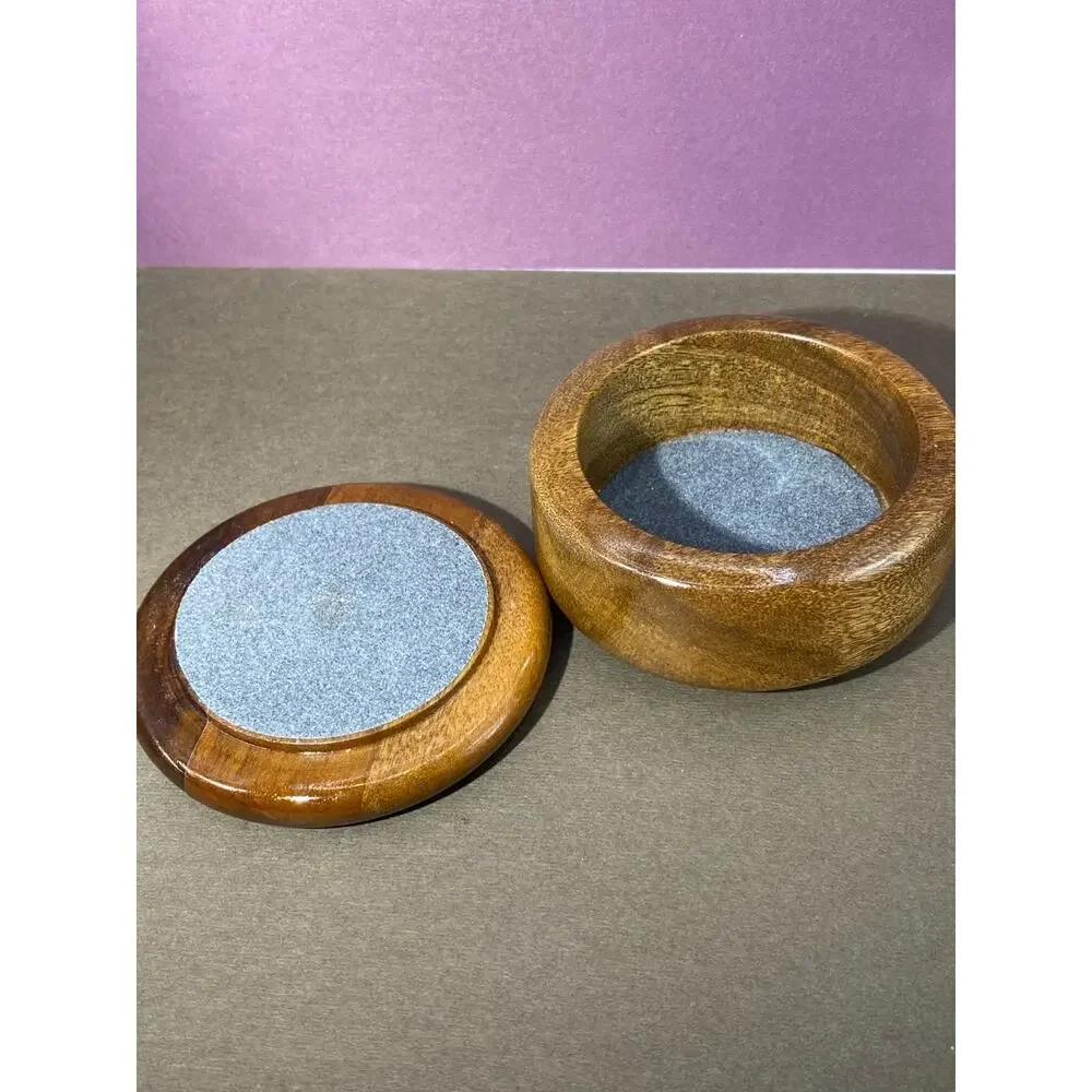 Vintage Wooden & Polished Stone Agate Brown Round Jewelry Trinket box W/ Lid